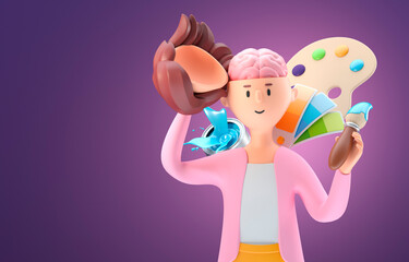 Brain with Brush and Paint. 3D Illustration