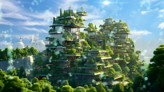Modern green city building with blue sky and forest. Eco environment future city building. Seamless infinity looping animation video
