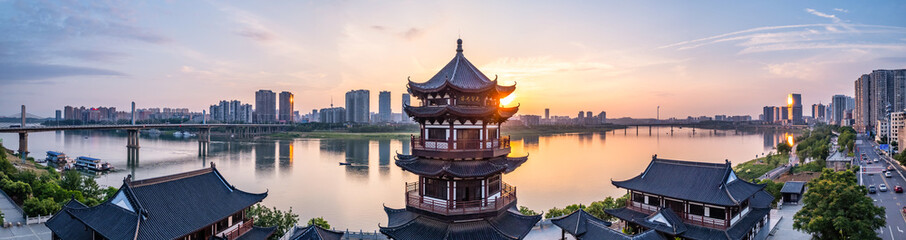 China Zhuzhou Separation Pavilion, beautiful ancient pavilion at dusk