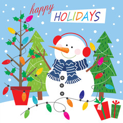 Fototapeta na wymiar christmas card with snowman and lights