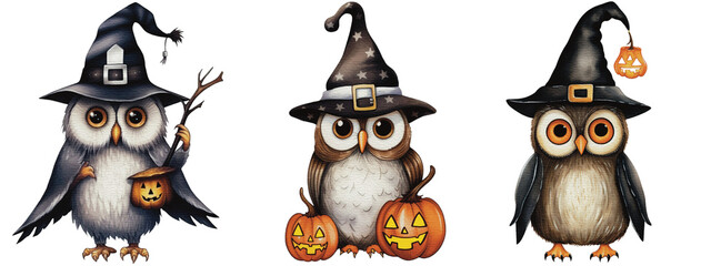 Fototapeta premium Magical Night Owls Watercolor Halloween Illustrations for Nursery