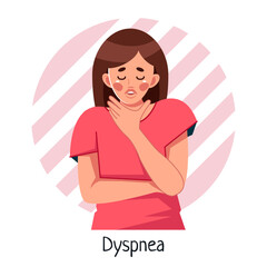 The girl has lung problems. Dyspnea. A symptom of asthma in a woman suffering from dyspnea. Vector medical illustration in cartoon style, isolated on a white background