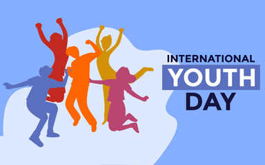 International Youth Day Celebration, Friendly team, cooperation, friendship, Card with colorful crowd people