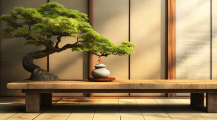 Traditional Japanese Countertop - Soothing Interior Deco, Fashionable Beauty Product Background - 3D