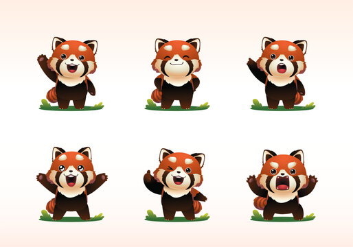 red panda redpanda cartoon character mascot with diefferent pose and emotional collection set