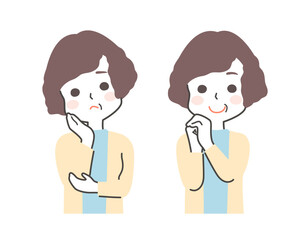 ミドル、中年女性の悩む・困る表情と笑顔のイラスト素材セット