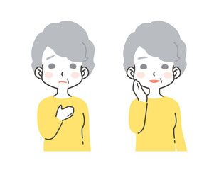 シニア、高齢女性の悩む・困る表情と笑顔のイラスト素材セット