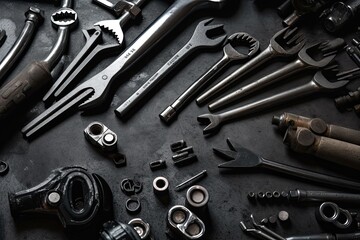 Fototapeta premium Auto mechanic's tools on grey stone table with copy space