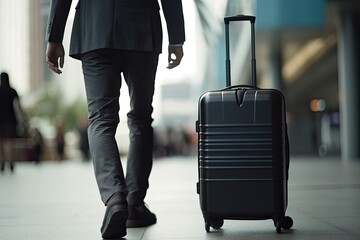 businessman walking with a suitcase in the airport terminal, business travel concept