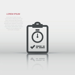 Document witch clock icon in flat style. Checklist survey vector illustration on white isolated background. Fast service business concept.