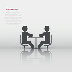 People with table icon in flat style. Teamwork conference vector illustration on white isolated background. Speaker dialog business concept.