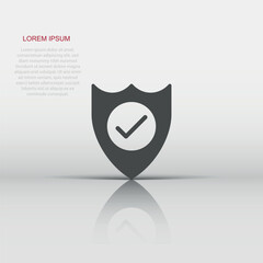 Shield with check mark icon in flat style. Protect vector illustration on white isolated background. Checkmark guard business concept.
