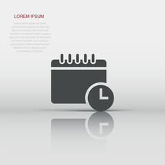 Calendar with clock icon in flat style. Agenda vector illustration on white isolated background. Schedule time planner business concept.