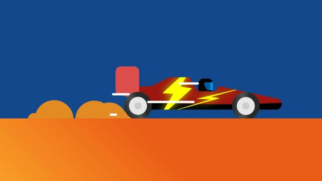 F1 Race car with lightning logo moves off screen. 
