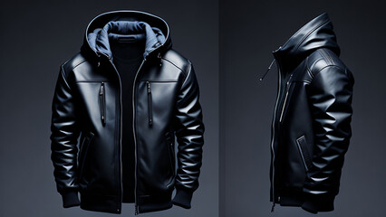 Fototapeta na wymiar Black leather jacket with hood on a dark background.