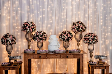 a table with a wedding cake in the center and sweets on trays