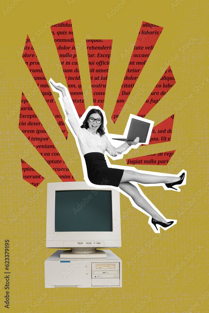 Aufkleber vertical collage image of black white gamma mini elegant girl use netbook sit big pc display book pa