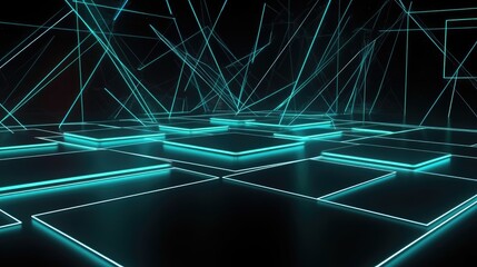 Room with cyan blue neon lines. Generative AI