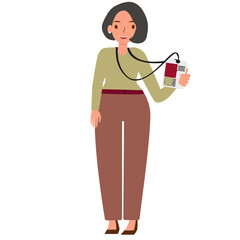 Modern beautiful young business woman holding her office identity card. Smiley female entrepreneur. Smiley  girl in casual clothes. Flat vector cartoon illustration isolated on white background