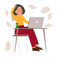 Sad white american young businesswoman overloaded with office work with her laptop. Tired depressed female boss sitting behind office desk among a lot of unfinished projects. Burnout concept. Vector