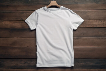 view of blank white T-Shirt on grey wood plank backgound, created with Generative AI