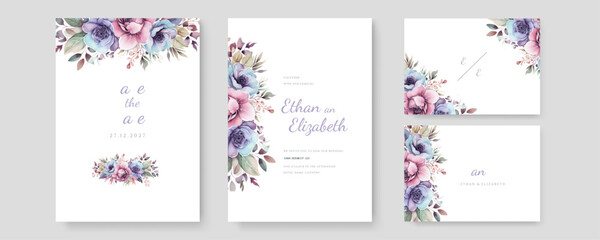 Fototapeta na wymiar wedding invitation minimal template design with watercolor flower and leaf, watercolor invitation, beautiful floral wreath.
