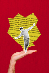 Vertical collage image of arm palm hold mini black white gamma guy walking balancing text page...