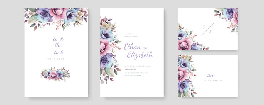 wedding invitation minimal template design with watercolor flower and leaf, watercolor invitation, beautiful floral wreath.