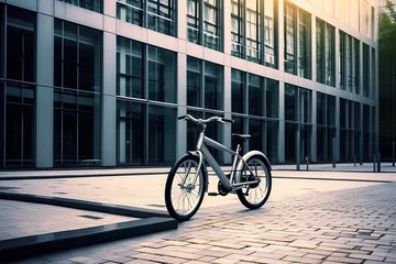 Deurstickers Modern electric white bicycle in front of the modern office glass building on sunny autumn day © ttonaorh
