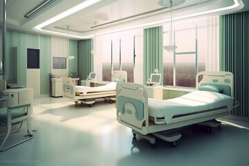 Hospital bed in hospital room. Health care and medical concept