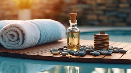 Spa composition with candles and towels on wooden deck near swimming pool