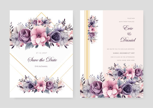 Floral wedding invitation card template design, purple watercolor decorated with magnolia liliiflora flowerss on white