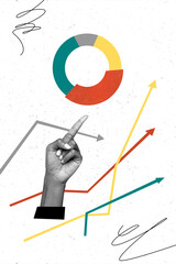 Vertical collage picture of black white colors arm point finger diagram stats growing arrows upwards isolated on painted background