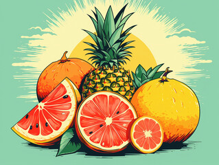retro illustration of tropical fruits created by generative AI