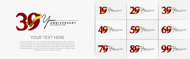 set of anniversary logo with red number and golden ribbon can be use for celebration