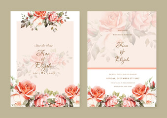 Watercolor wedding invitation card template with pink floral and leaves decoration