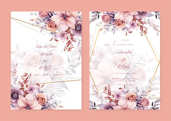 wedding invitation card with beautiful pink flowers design