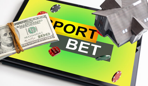tablet pc with app for sport bets, on top of stacks of banknotes, white background, concept of online bets (3d render)