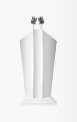White Podium Tribune Rostrum Stands with Microphones. Podium tribune with microphones isolated for business presentation, conference. Vector