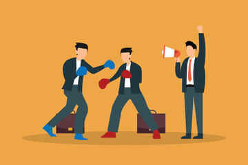 Business fight club. Boxing and glove, businesspeople and violence 2d vector illustration concept for banner, website, illustration, landing page, flyer, etc.