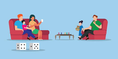 Happy young family and friends spending weekend together playing table games and enjoying each other 2d vector illustration concept for banner, website, illustration, landing page, flyer, etc.