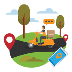 Fast delivery package by scooter on mobile phone 2d vector illustration concept for banner, website, illustration, landing page, flyer, etc.