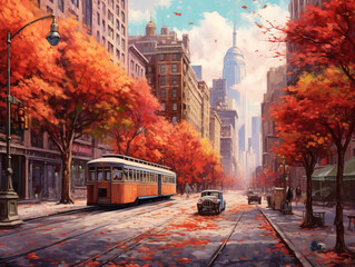 Streets of New York City in Autumn. An autumn windy day on a quiet city street. Retro style. 