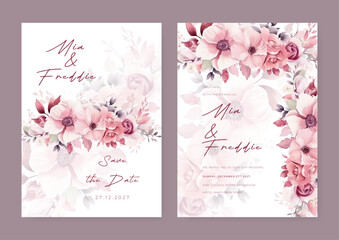 Watercolor wedding invitation card template with pink and purple floral and leaves decoration