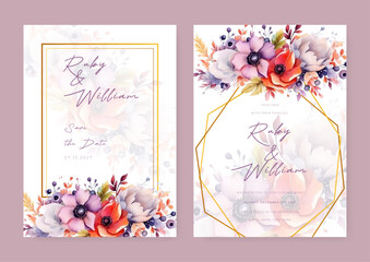 Elegant wedding invitation card template with watercolor and floral decoration.