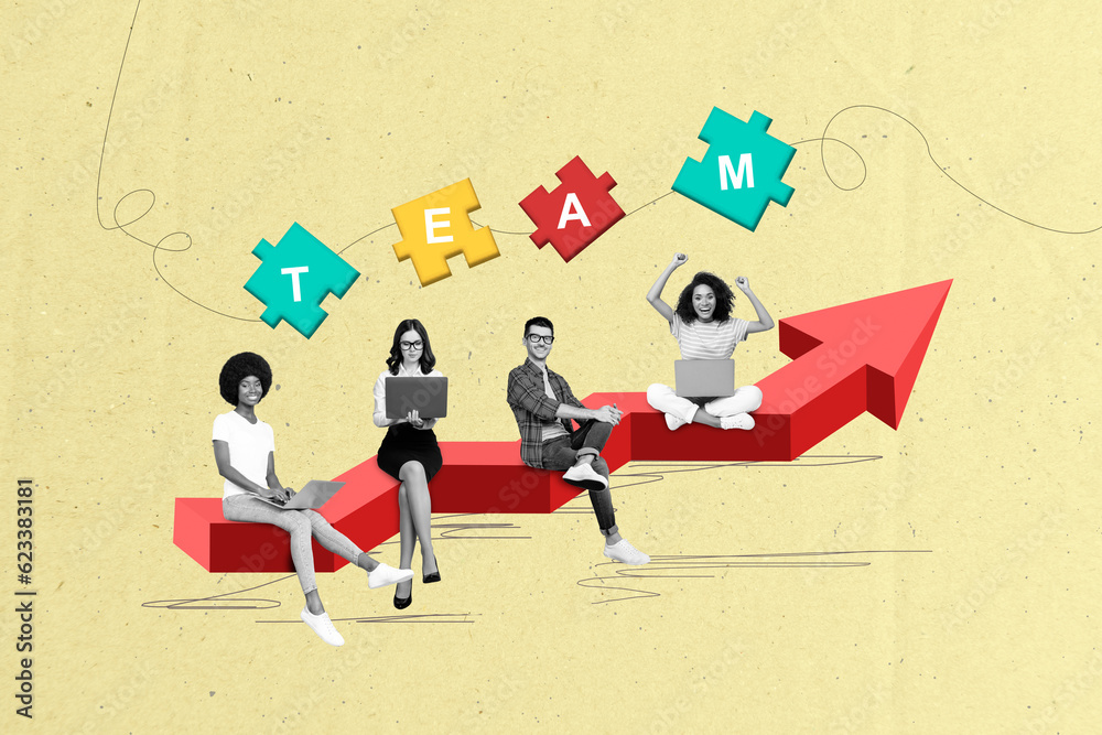 Poster artwork collage of black white effect delighted people raise fists use netbook team work growing upw
