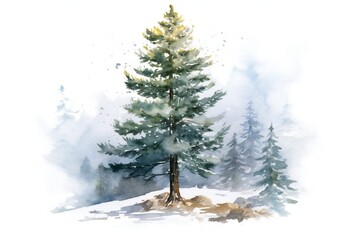 Fototapeta premium Watercolor snowy pine tree on white background Generative AI