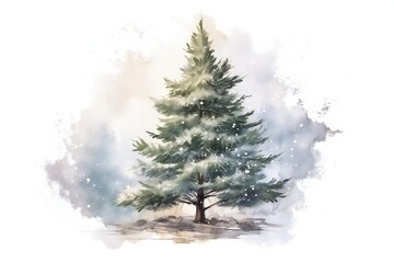 Fototapeta premium Watercolor snowy pine tree on white background Generative AI