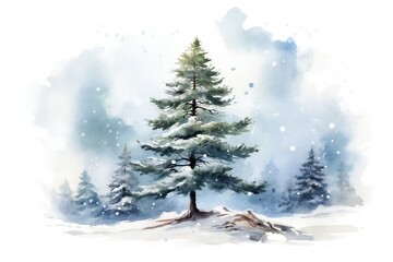 Fototapeta premium Watercolor snowy pine tree on white background Generative AI