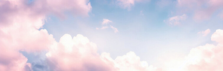 Beautiful background image of a romantic blue sky with soft fluffy pink clouds. Panoramic natural view of a dreamy sky. - 623384183